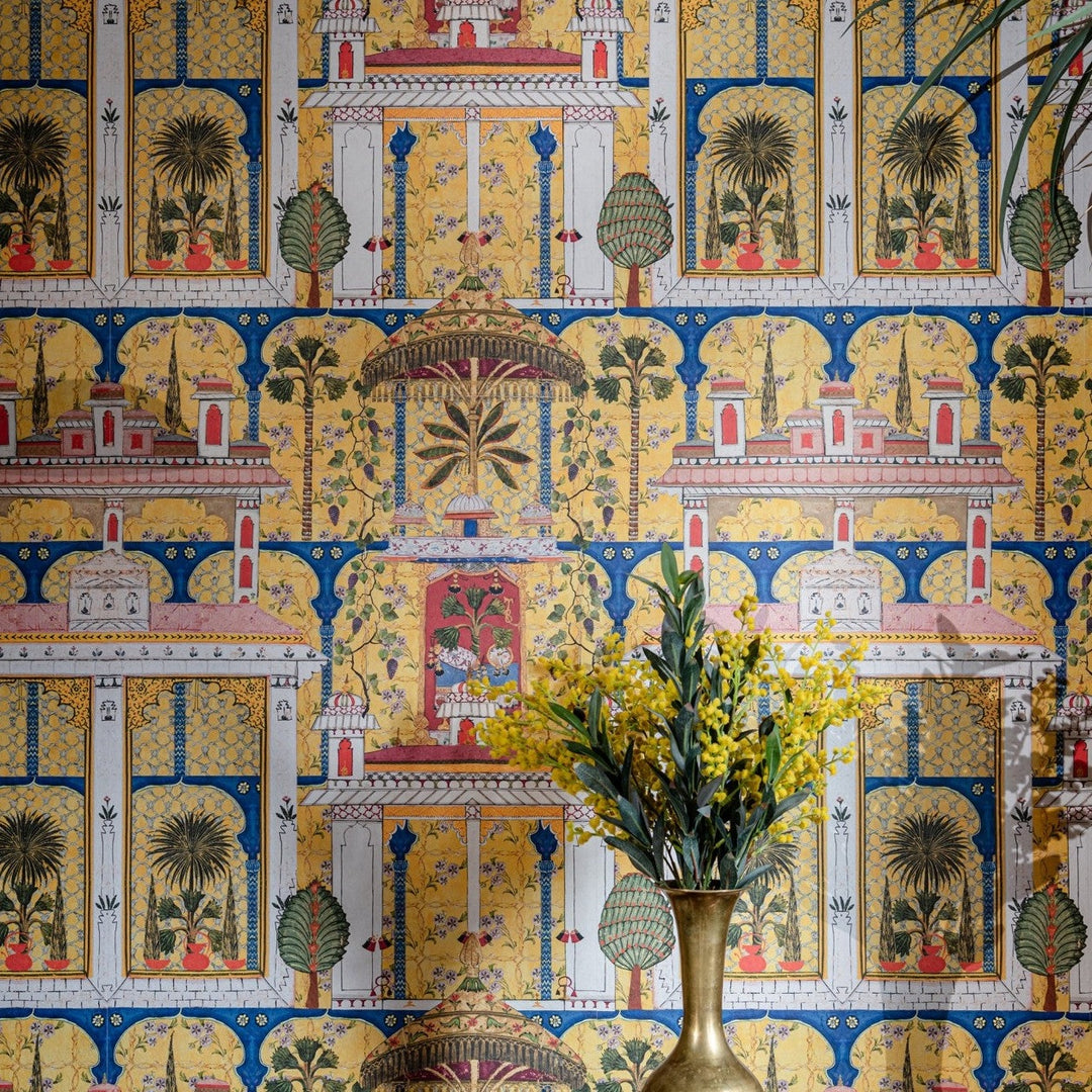Mind-the-Gap-Tales-of0Maghreb-collection-wallpaper-Majorelle-Garden-mural-style-print-Indian-architecture-palms-cultural-pattern-themed-wallpaper