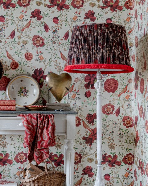 mindthegap-brown-pleated-lampshade-red-black-block-print-design-red-fringing-floral-wallpaper-folk-design