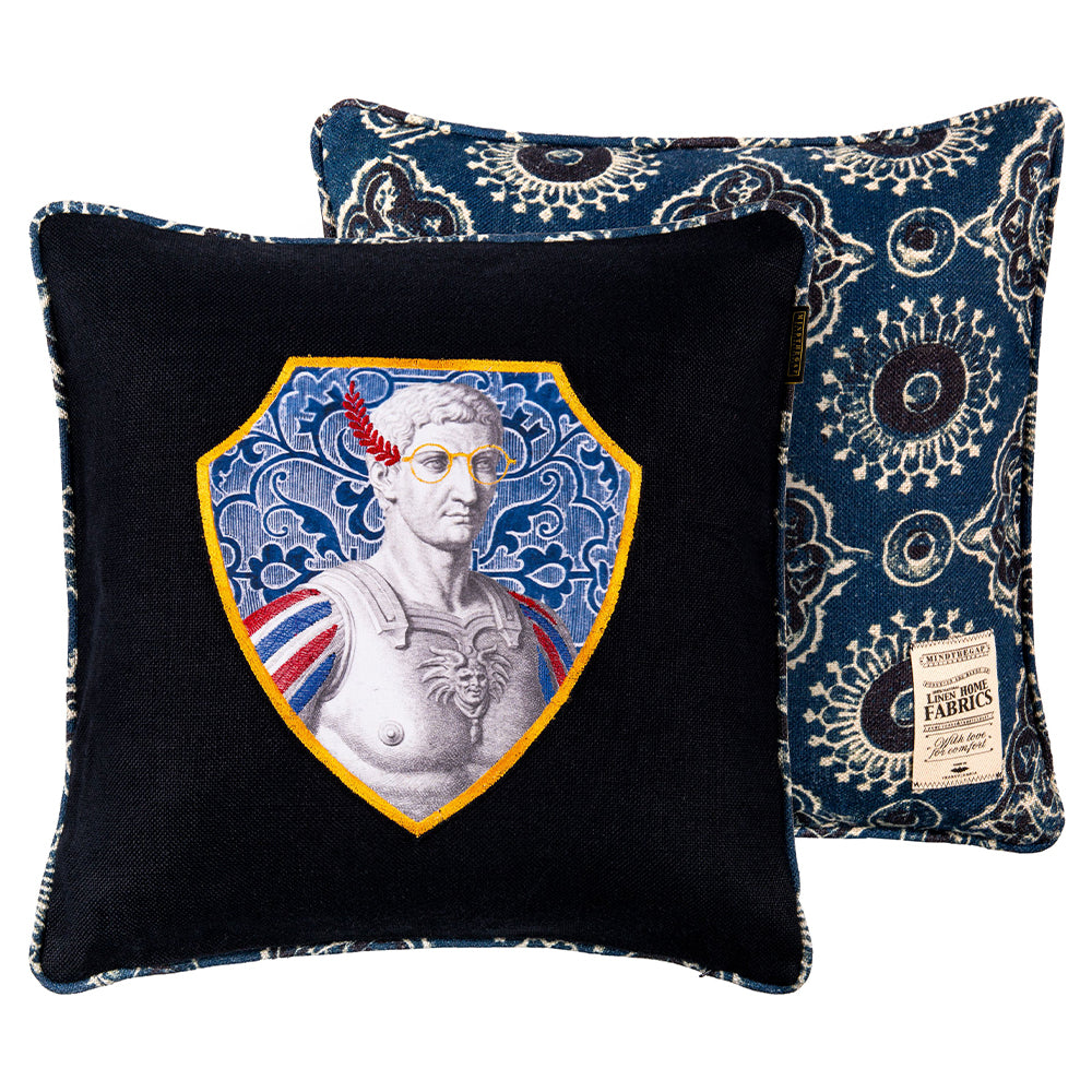 mind the gap embroidered cushion tiberius arjak reverse side blue and black cushion