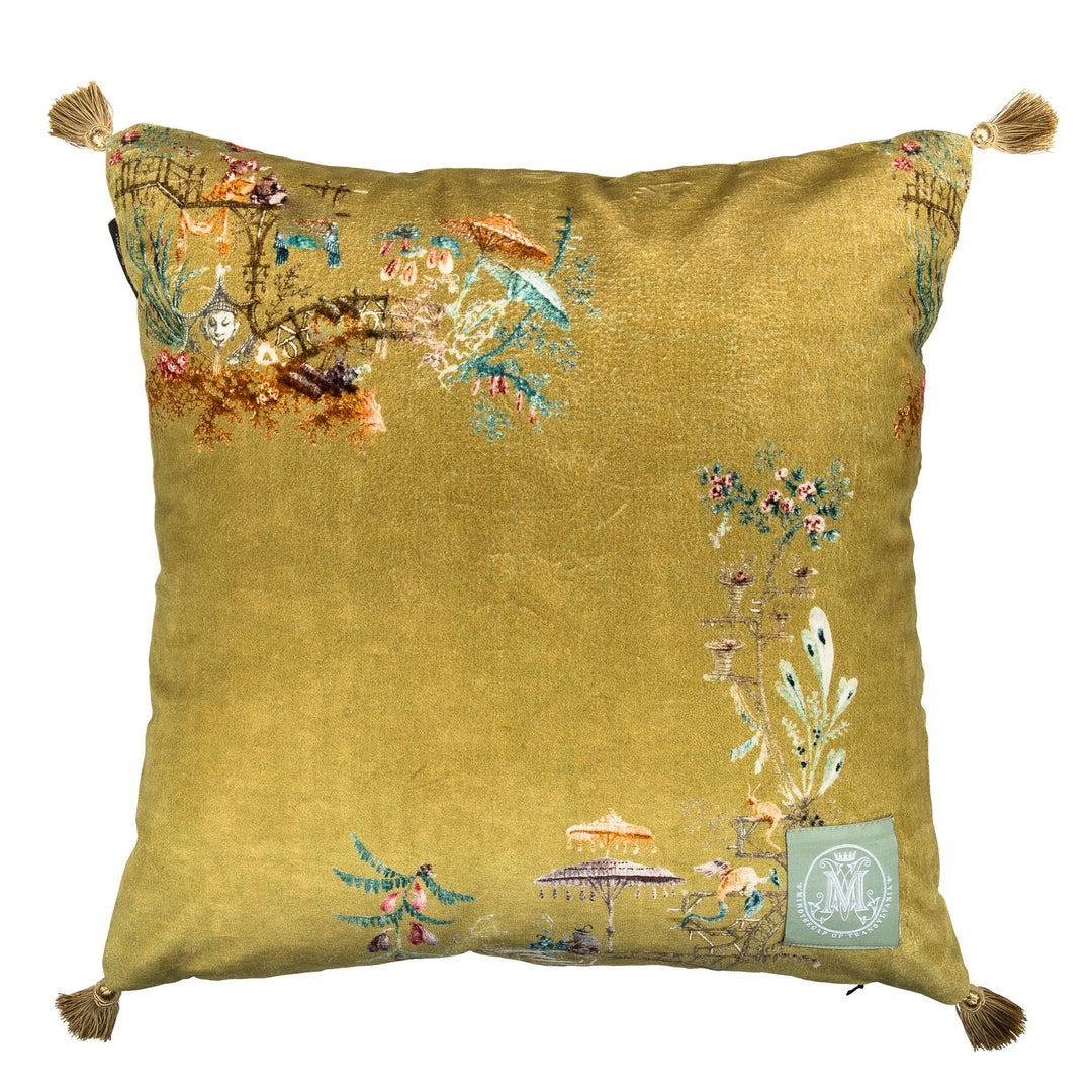 mind the gap velvet cushion chinoiserie green ochre yellow oriental print design with tassels
