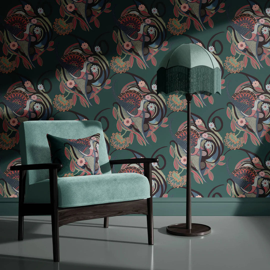Tatie-Lou-wallpaper-phoenix-bird-pattern-swirl-floral-retro-deco-art-print-fern-green