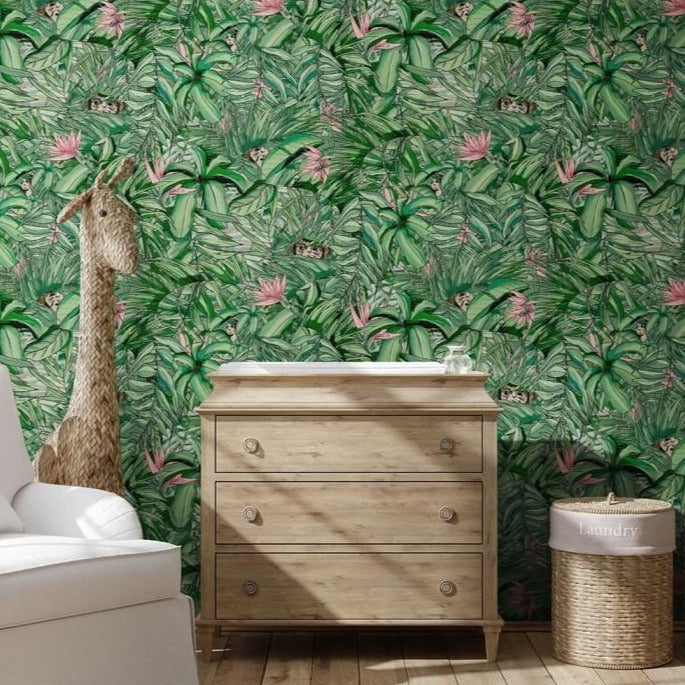 Monkey-forest-wallpaper-dark-green-pink-brand-McKenzie-jungle-print-tropical-rainforest-wallpaper