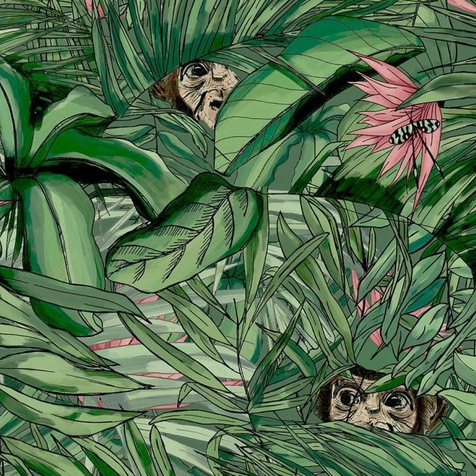 Monkey-forest-wallpaper-dark-green-pink-brand-McKenzie-jungle-print-tropical-rainforest-wallpaper