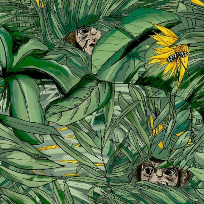 Monkey-forest-wallpaper-dark-green-yellow-brand-McKenzie-jungle-print-tropical-rainforest-wallpaper