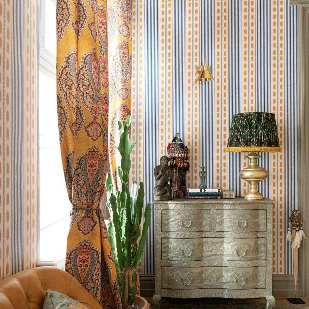 Mind-the-gap-Mouassine-tumeric-textile-look-stripe-cream-indigo-yellow-berber-style-pattern