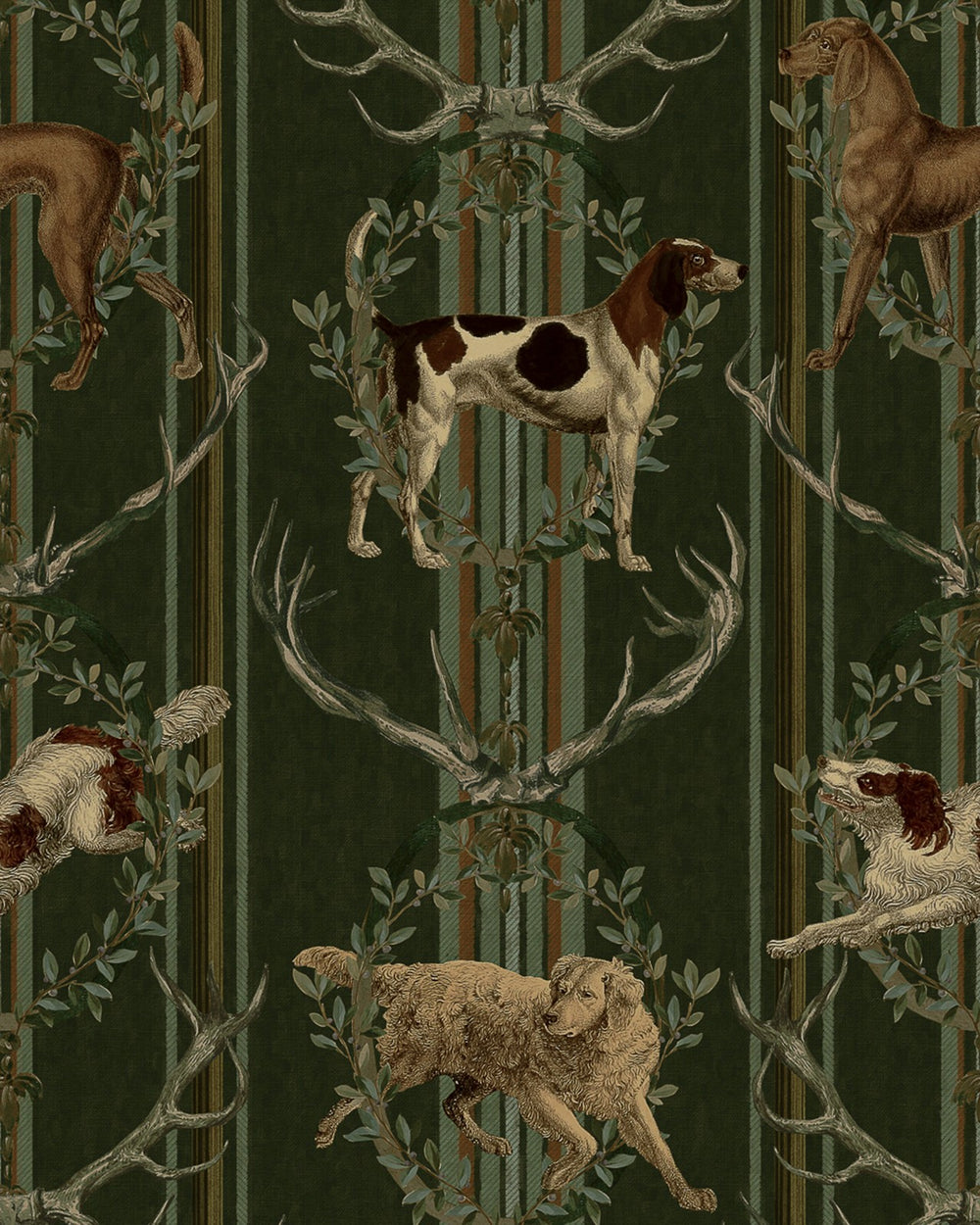 Mind-the-gap-Tyrol-collection-Mountain-Dogs-WP20675-wallpaper-green-stripes-anters-alpine-dogs-wreaths-pattern-alpine-cabin-chalet-style-hunting-lodge-folk-pattern-traditional-cypress-green
