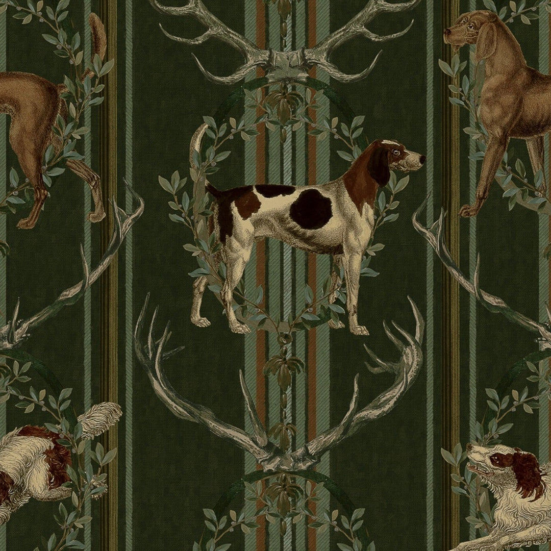 Mind-the-gap-Tyrol-collection-Mountain-Dogs-WP20675-wallpaper-green-stripes-anters-alpine-dogs-wreaths-pattern-alpine-cabin-chalet-style-hunting-lodge-folk-pattern-traditional-cypress-green