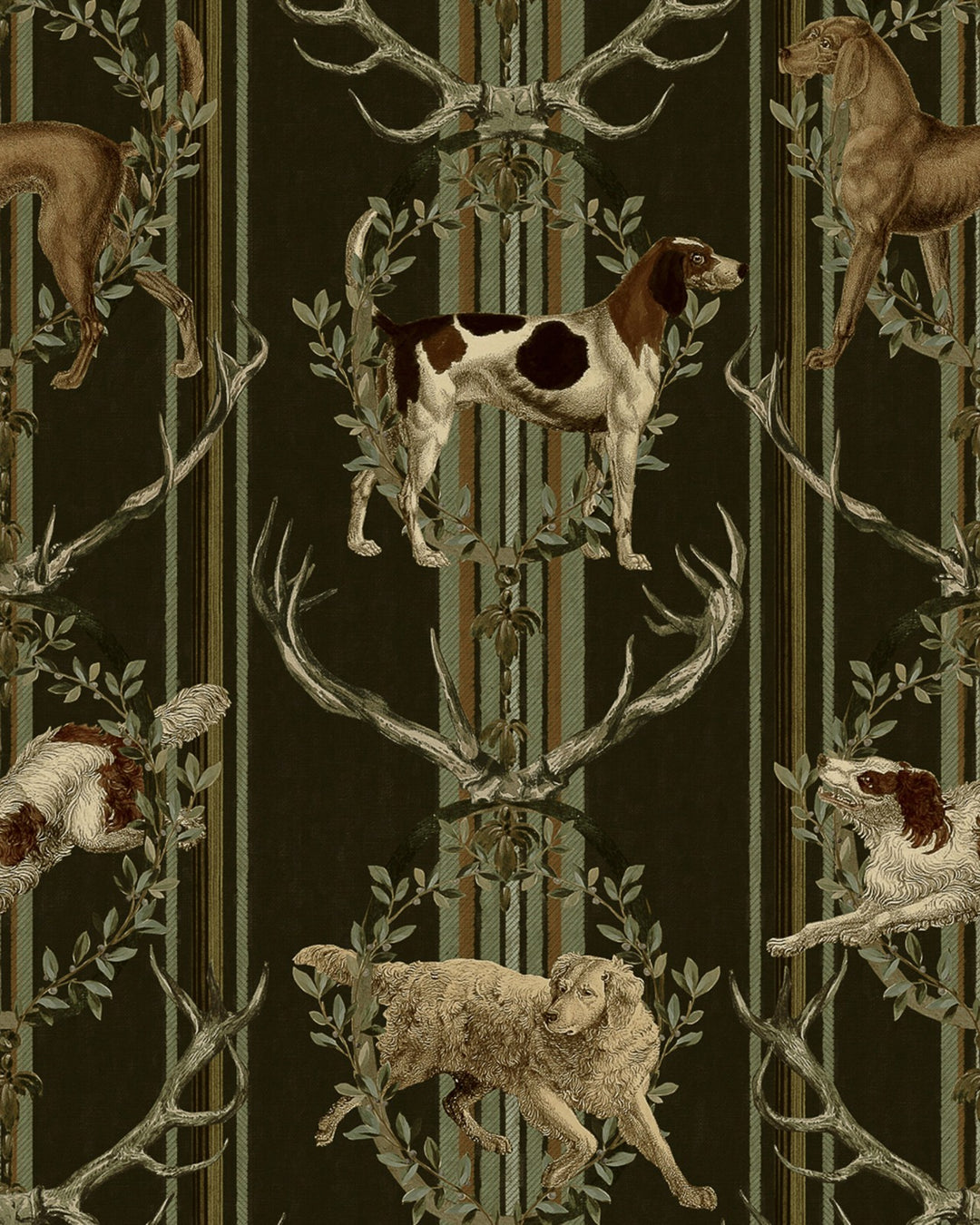 mind-the-gap-tyrol-collection-mountain-dogs-wallpaper-peat-black-dogs-antlers-garlands-stripe-background-alpine-chalet-cabin-woodland-hunting-lodge-den-black-striped-background