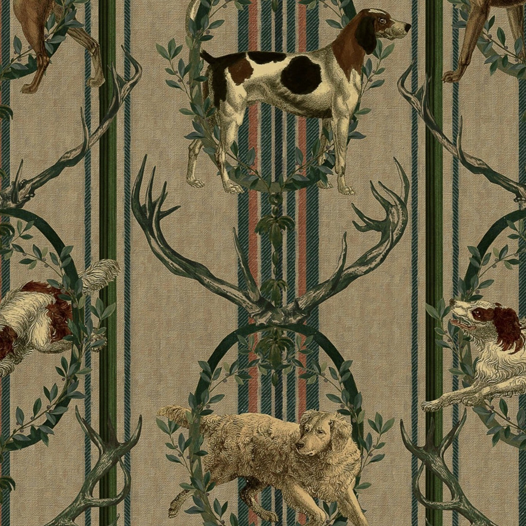 Mind-the-Gap-Tyrol-Collection-Mountain-Dogs-Wallpaper-Taupe-Antlers-wreaths-alpine-dogs-pattern-stripebackground-hunting-lodge-alpine-chalet-cabin-style-decor-textile-printed-hunt