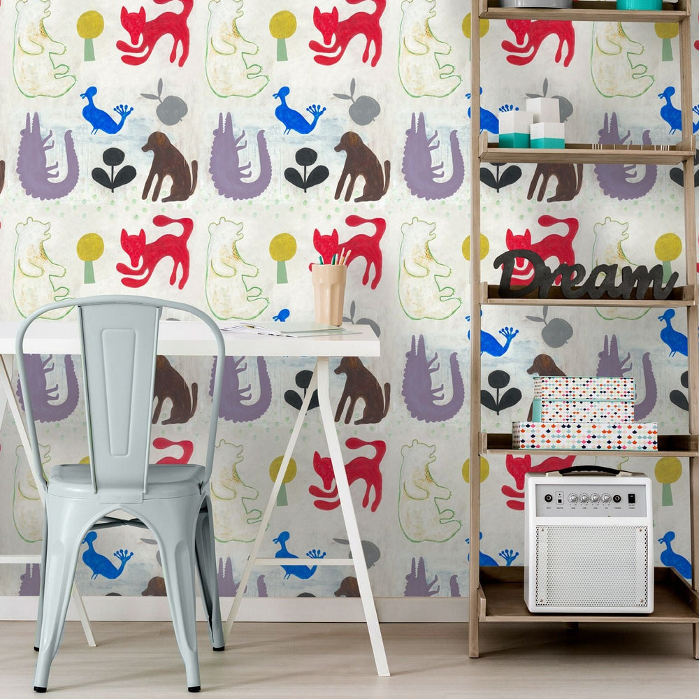 mind-the-gap-mr-boyds-animals-wallpaper-sugarboo-collection-hand-painted-dogs-bears-fox-crocodile-playful-maximalist-children-bedroom-statement-interior