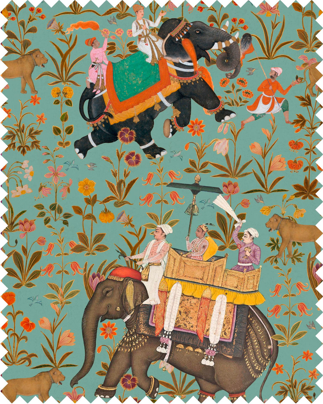 aqua-linen-fabric-with-elephants-indian-florals-lions-vintage-linen-mindthegap