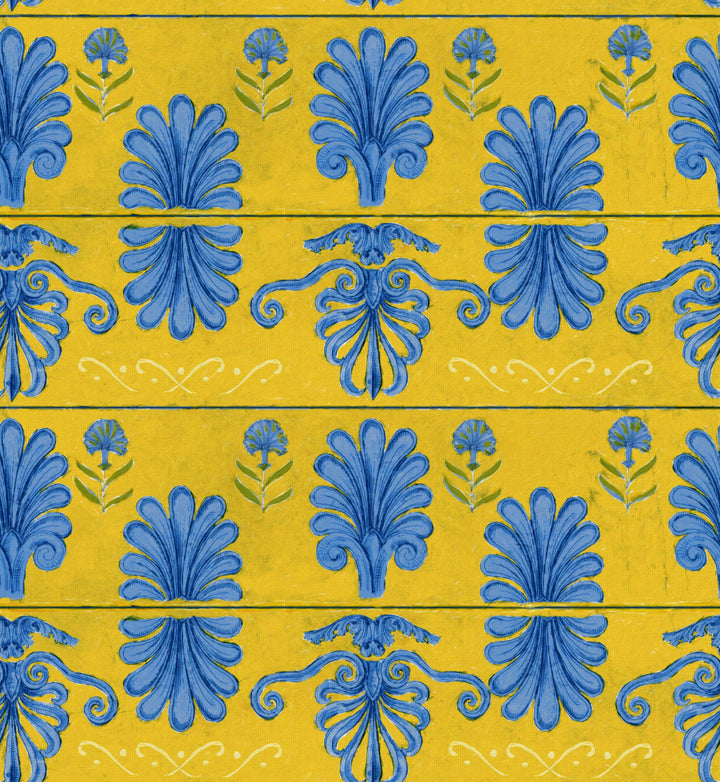 Mykonos-villa-wallpaper-mind-the-gap-yellow-blue-wooden-slats