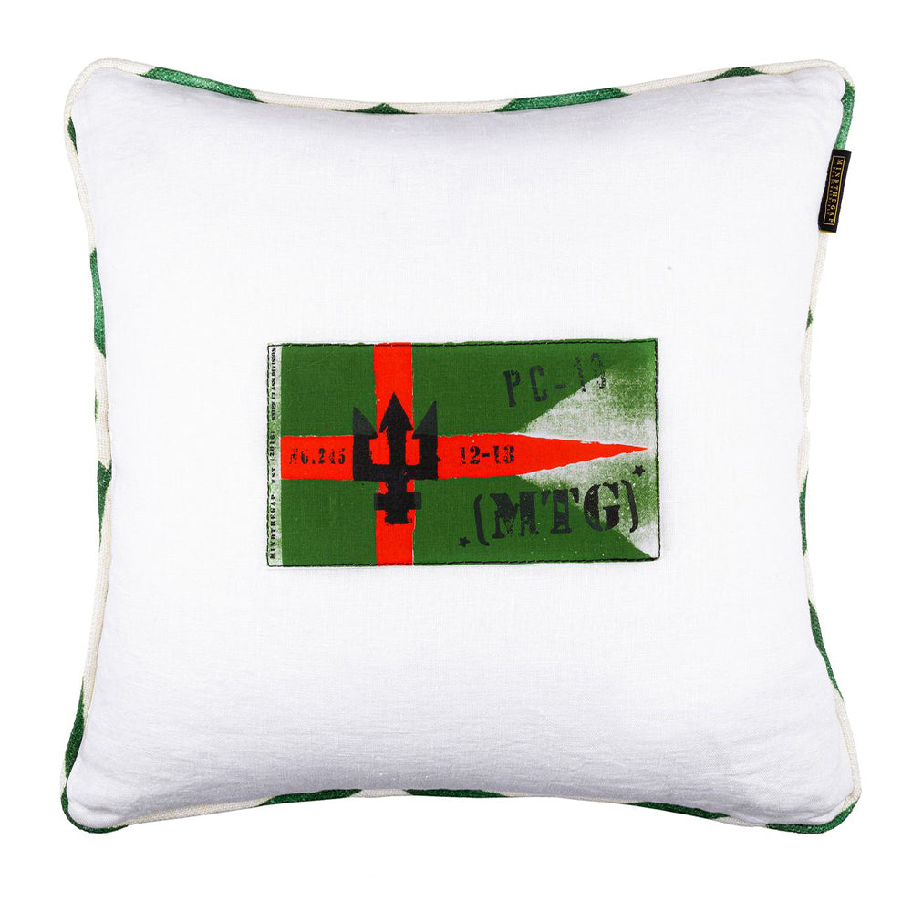 mind the gap double sided linen cushion naval flag I Riverside fabric green and white