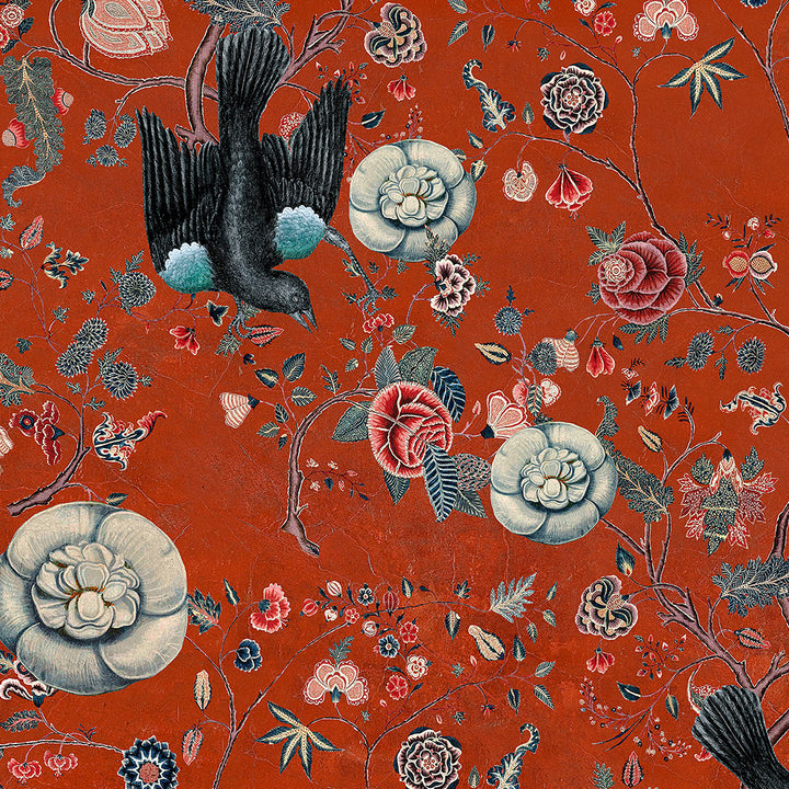 vintage-red-linen-fabric-for-upholstery-soft-furnishings-curtains-black-birds-roses-flowers
