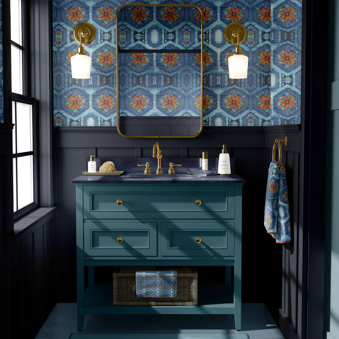 Tatie-Lou-wallpaper-Nui-Burst0repeat-boho-style-blue and tangerine-tile-repeat-pattern-embroidery-look-indigo-orange-pattern