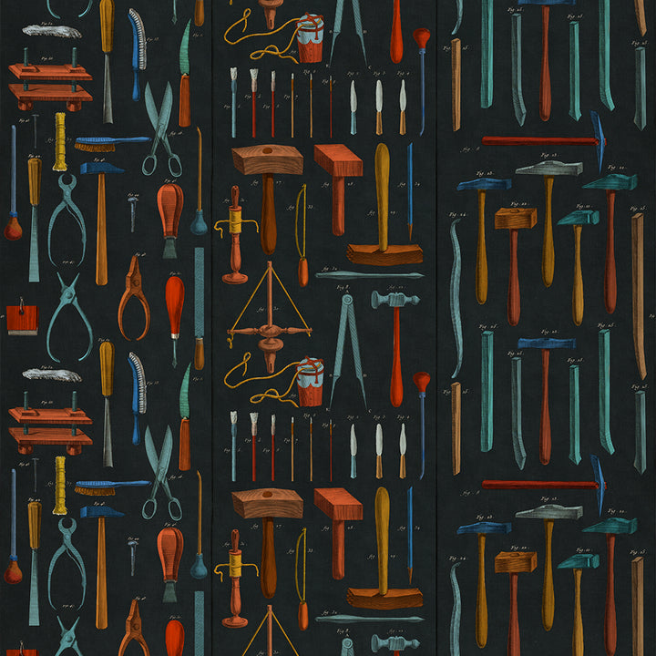 mind-the-gap-old-tools-wallpaper-artists-collection-brown-blue-red-workshop-drawn-illustrations-vibrant-workshop-maximalist-statement-interior