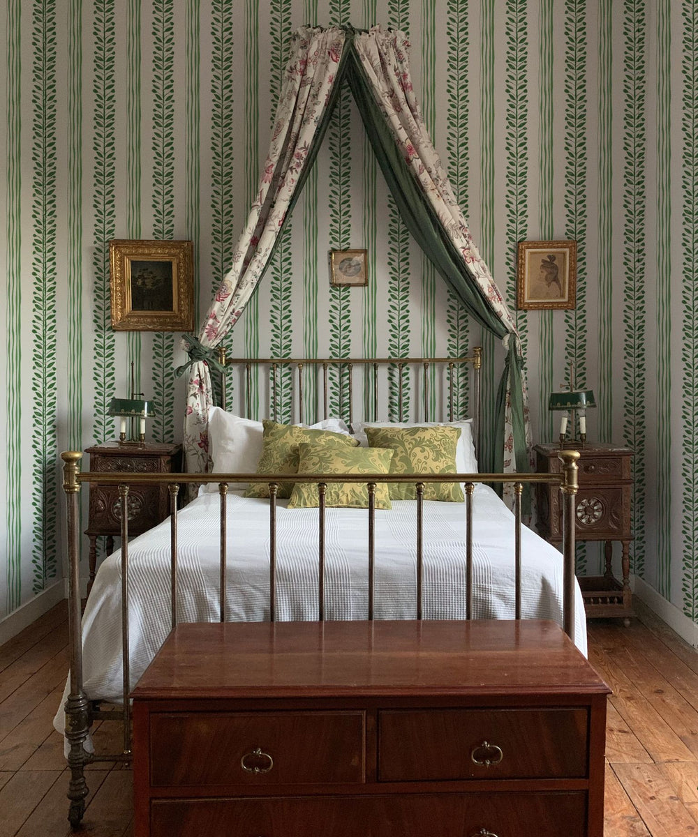 Annika-reed-studio-olive-vine-wallpaper-olive-green-stripe-leaves-green-white-vintage-bedroom