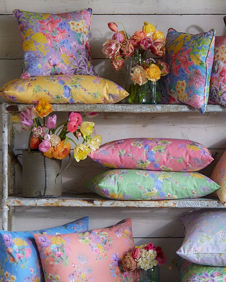 bauldry-botanicals-floral-cushion-square-printed-textile-british-made-and-design-inspired-by-english-garden-colourful-grouped-floral-print-print-design-cushion-display-flowers