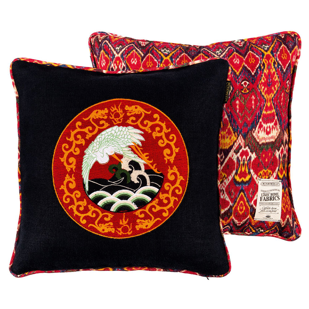 mind the gap embroidered cushion asian crane red black orange multi