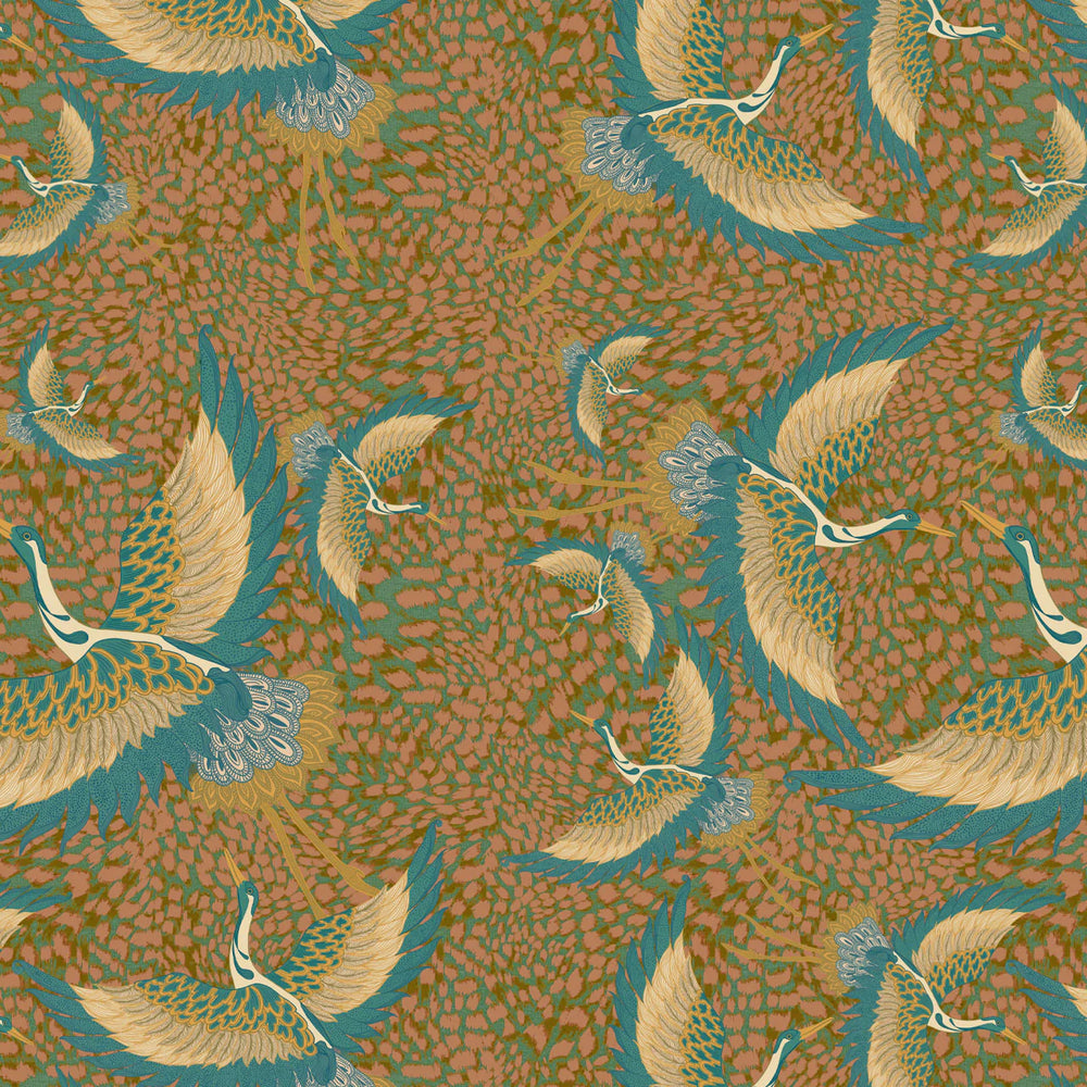 Tatie-lou-wallpaper-heron-cranes-flying-birds-kimono-feature-bold-feathers-pachamama-peach-
