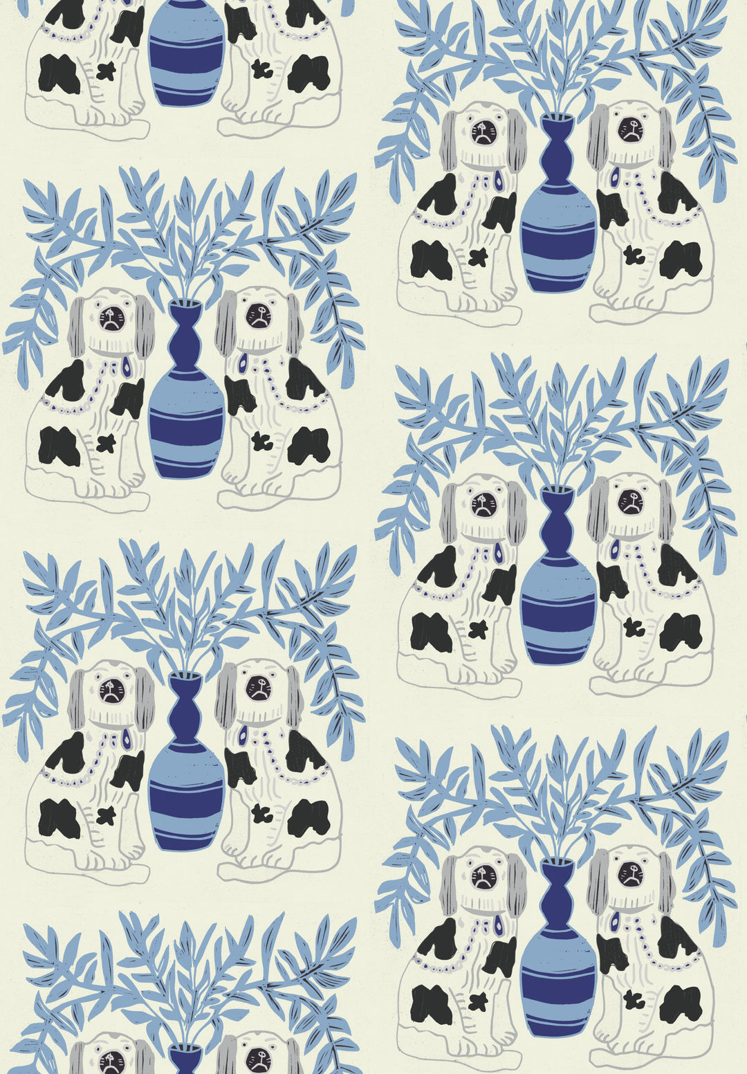 Pair of Dogs Wallpaper in Delft Blue