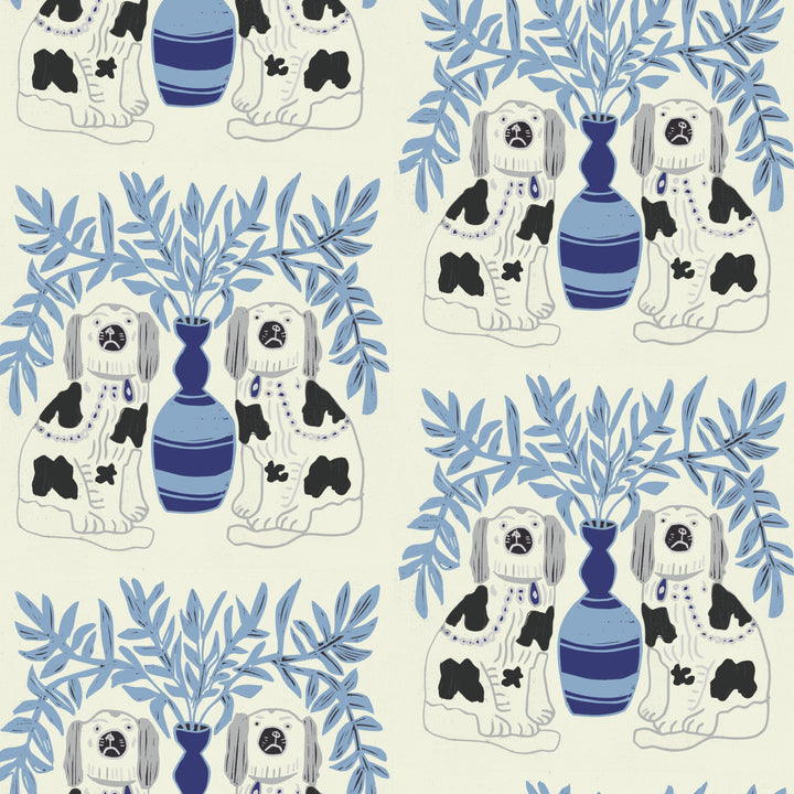 Pair of Dogs Wallpaper in Delft Blue