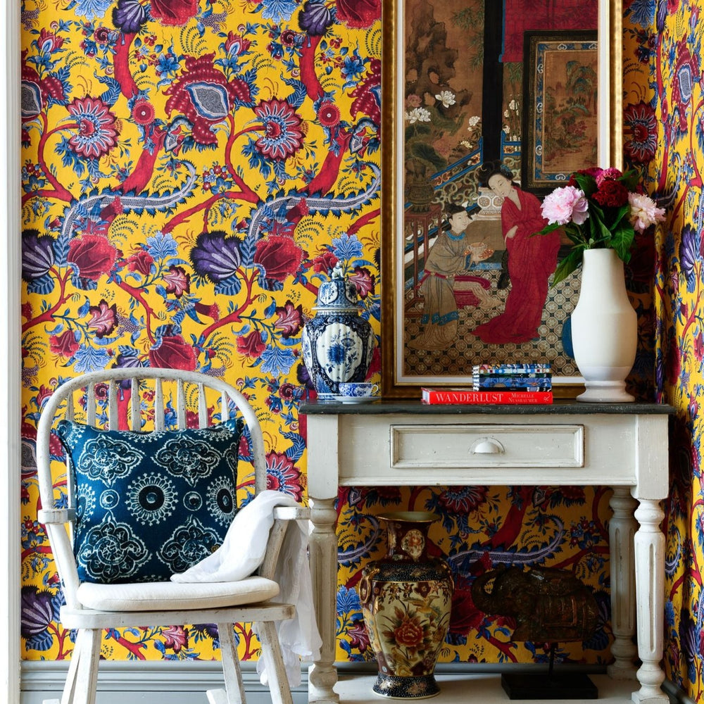 mind-the-gap-chinese-paisley-wallpaper-yellow-red-blue-floral-vines-chinoiserie-maximalist-bright-powerful-oriental-bedroom-statement