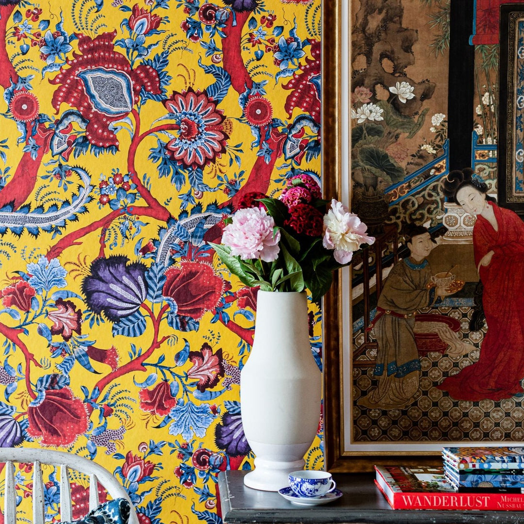 mind-the-gap-chinese-paisley-wallpaper-yellow-red-blue-floral-vines-chinoiserie-maximalist-bright-powerful-oriental-bedroom-statement