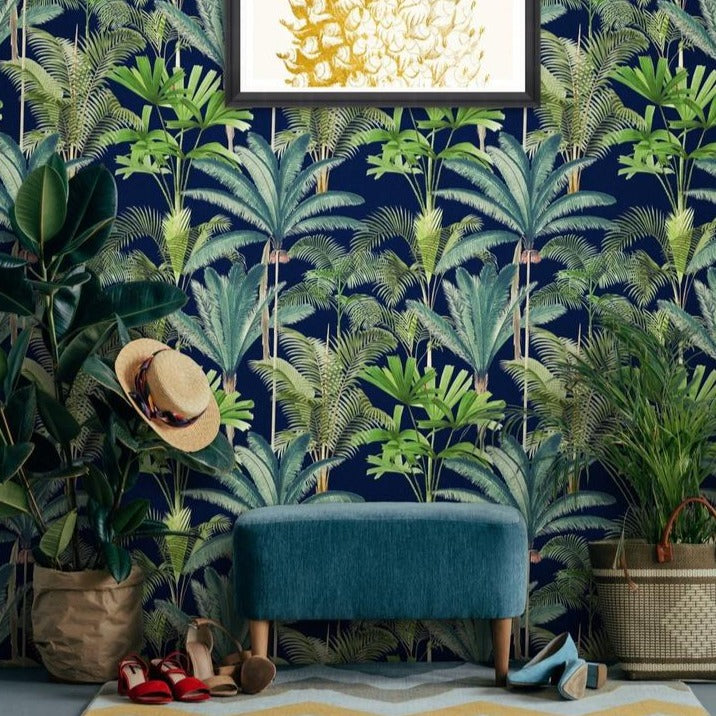 mind-the-gap-palmeras-wallpaper-palm springs-collection-palm-tree-green-white-purple-lilac-blue-statement-maximalist-interior