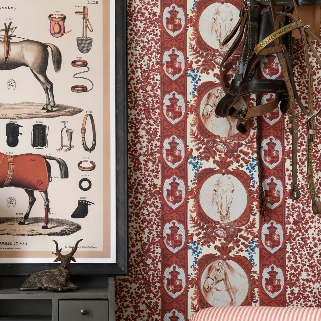 mind-the-gap-the-competition-panel-blue-red-wallpaper-the-derby-collection-horse-portraits-rosettes-british-florals-maximalist-statement-interior