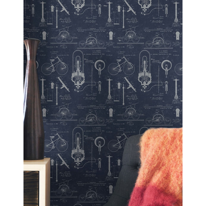 mind-the-gap-patents-blue-wallpaper-vintage-science-collection-famous-inventions-room