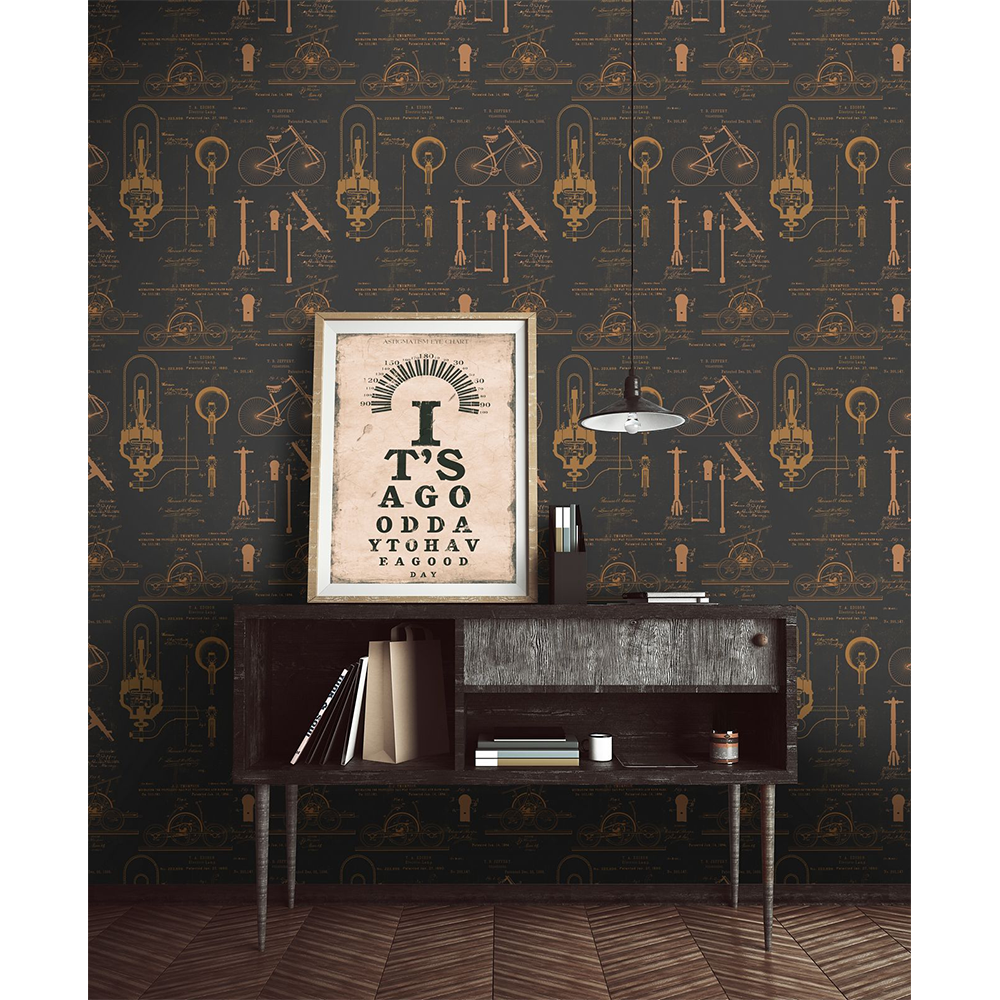 mind-the-gap-patents-brown-copper-wallpaper-vintage-science-collection-famous-inventions-room