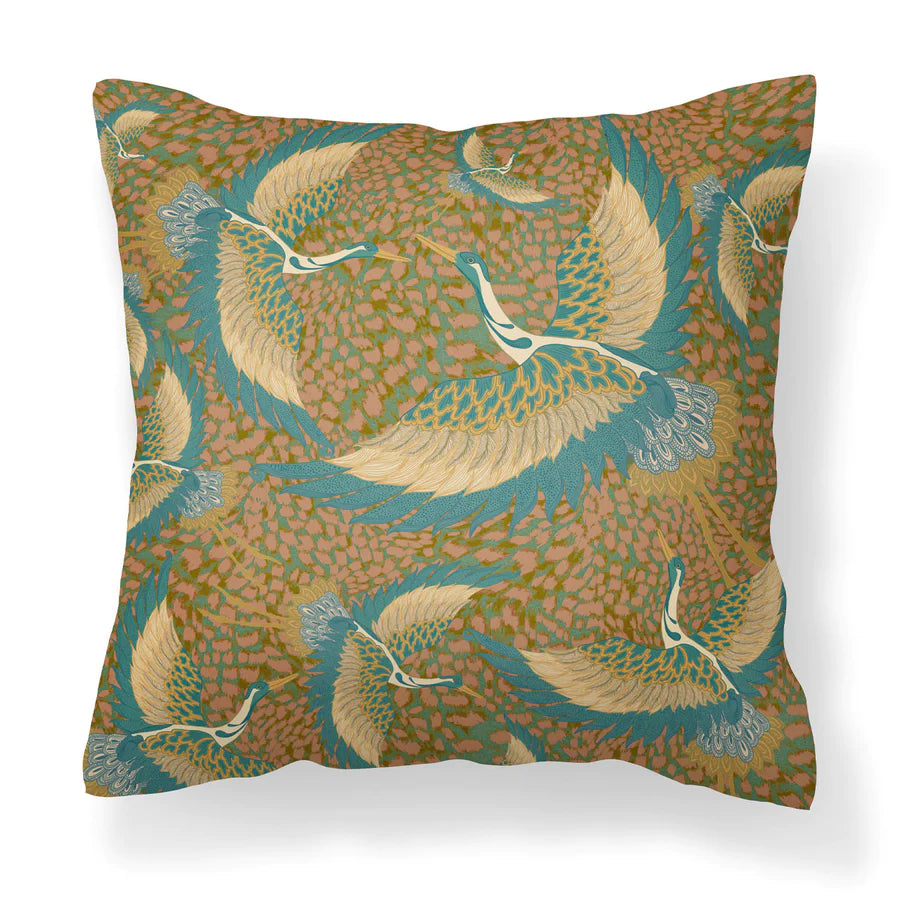 Pachamama-collection-Tatie-Lou-velvet-cushion-flying-heron-printed-two-sides-45x45cm-bird-print-art-deco-style-square-pillow-peach-pink-yellow-green-flock-leopard-background
