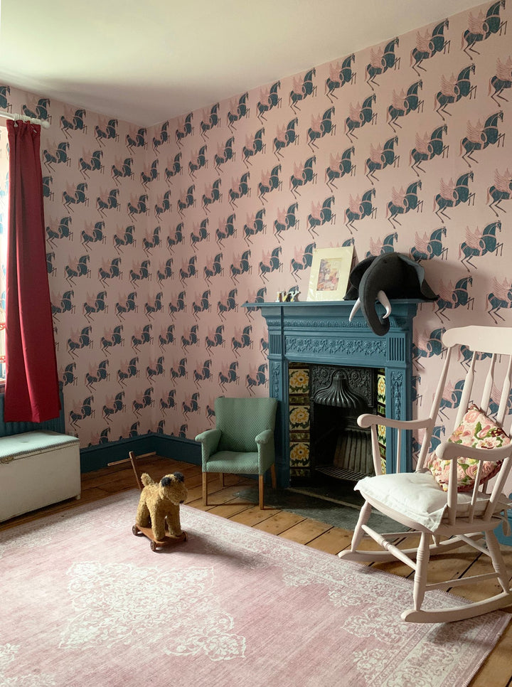 Annika-Reed-Studio-Pegasus-Dusk-Pink-wallpaper-ARP02-flying-horse-artisan-printed-pattern-nursey-childrens-bedroom