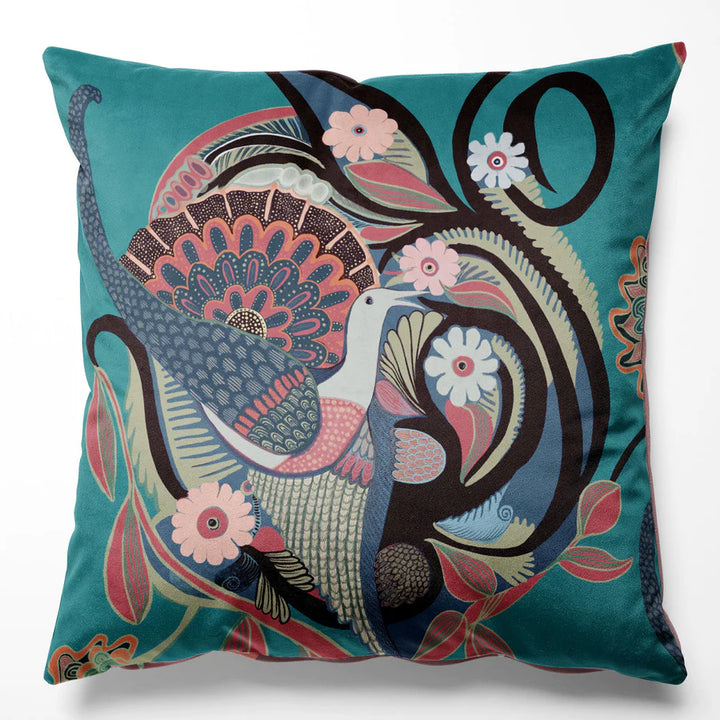 Tatie-Lou-Phoenix-velvet-cushion-bird-print-nesting-birds-art-deco-design-printed-pillow-45x45cm-two-sides-lush-Turquoise-blue