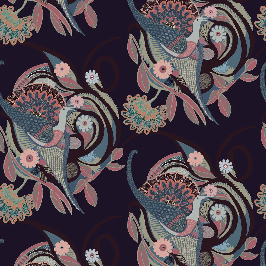 Tatie-Lou-Phoenix-bird-large-swirtl-motif-floral-largescale-pattern-Ink-Purple