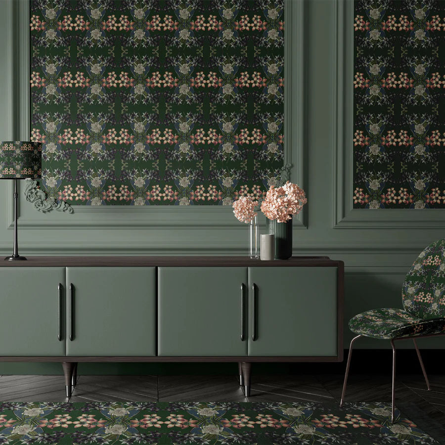 tatie-lou-wallpaper-Hampi-pine-green-colourway-large-scale-kaleiscopic-repaet-floral-orchid-lilys-bloom-squalre-tile-repeat-pattern-exotic 