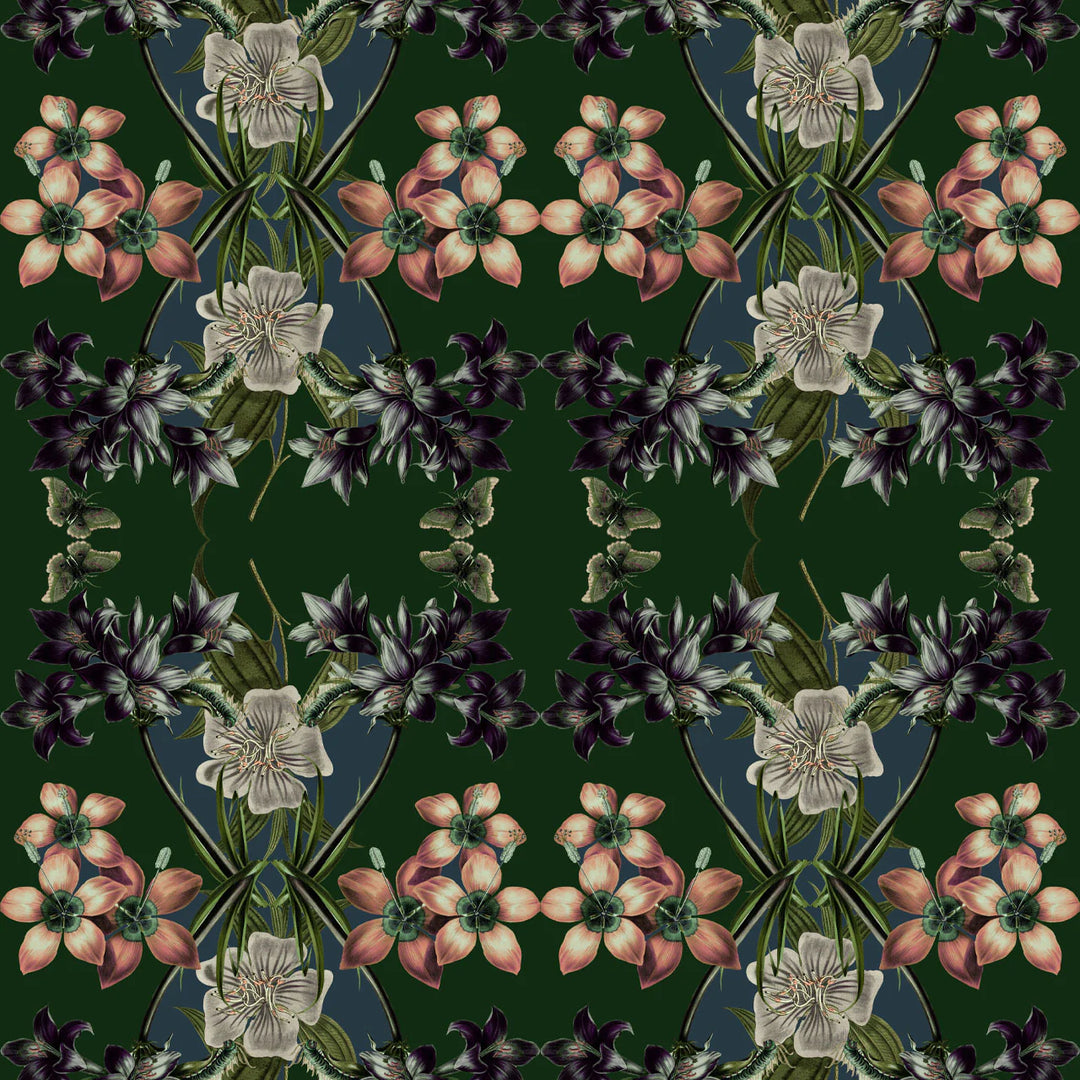 tatie-lou-wallpaper-Hampi-pine-green-colourway-large-scale-kaleiscopic-repaet-floral-orchid-lilys-bloom-squalre-tile-repeat-pattern-exotic
