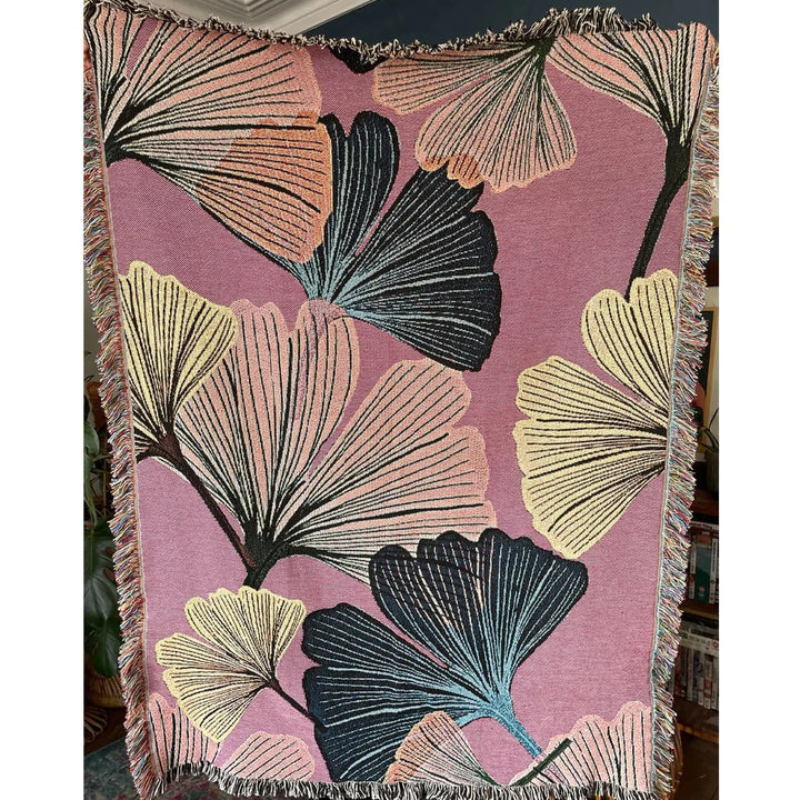 Tatie-Lou-Jacquard-blanket-throw-floral-leaf-pattern-rosy-green-reverse-woven-blanket-hanging-boho-biba-art-deco-blanket-frayed-edge-art 