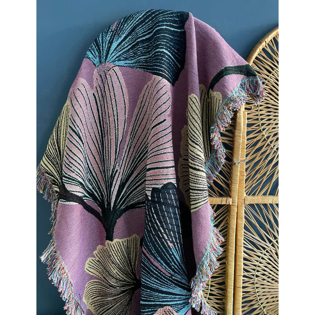 Tatie-Lou-Jacquard-blanket-throw-floral-leaf-pattern-rosy-green-reverse-woven-blanket-hanging-boho-biba-art-deco-blanket-frayed-edge-art