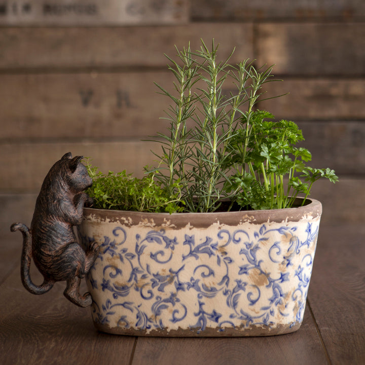 london-ornaments-blue-ceramic-herb-plant-pot-oval-vase-floral