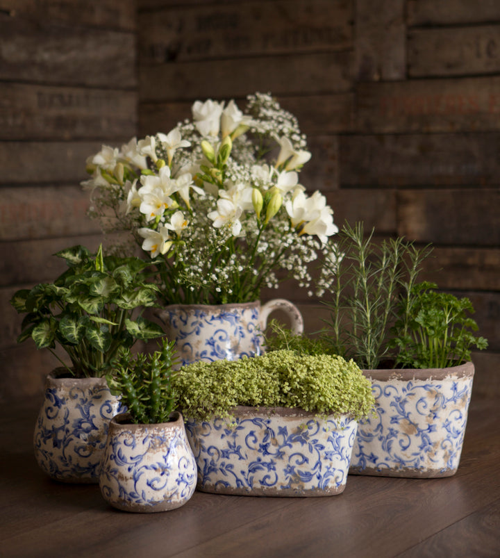 london-ornaments-blue-ceramic-herb-plant-pot-oval-vase-floral