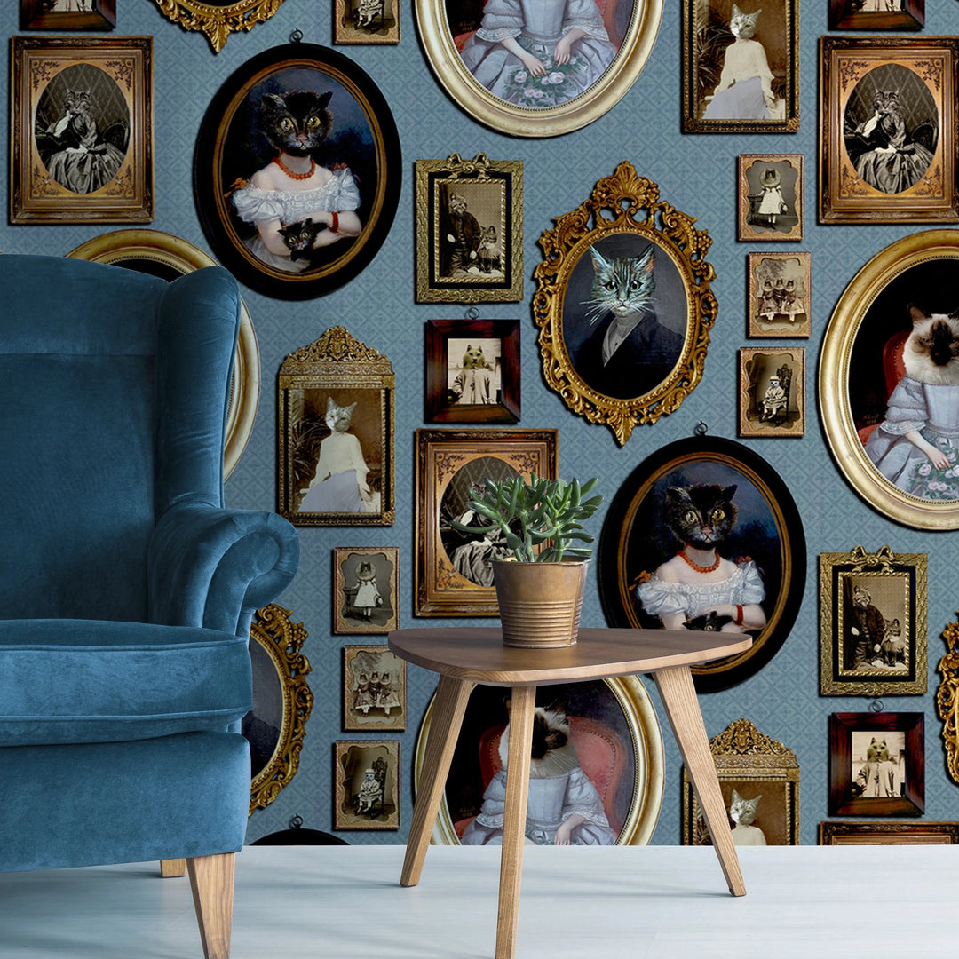 Cavalcade-of-cats-wallpaper-portraits-photoframed-kittens-family-blue-red-mustard-victorian-style-graduate-collection-Charlotte-Gore 