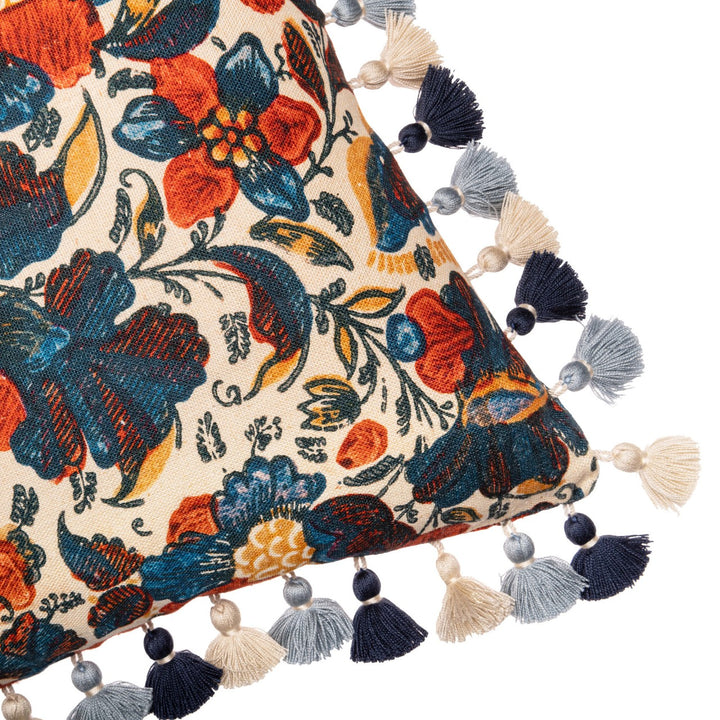 Mind-the-gap-remondini-floral-cushion-50x50cm-tassel-trim-boho-woodstock-orange-blue-printed-linen-duck-filling
