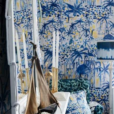 mind-the-gap-rhodes-mural-wallpaper-sundance-villa-collection-greece-tropical-wallpaper-blue-white-yellow-energetic-paint-strokes-expressive-maximalist-statement-interior