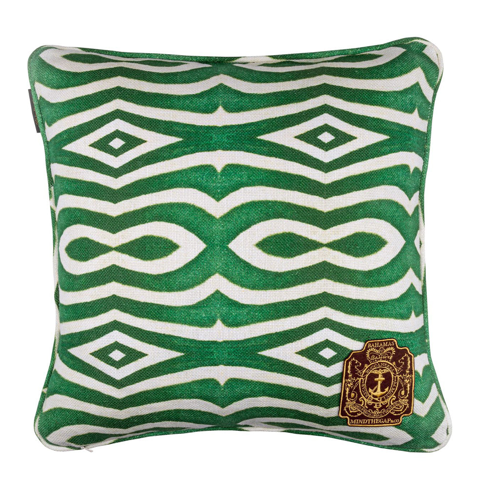 mind the gap double sided linen cushion naval flag I Riverside fabric green and white