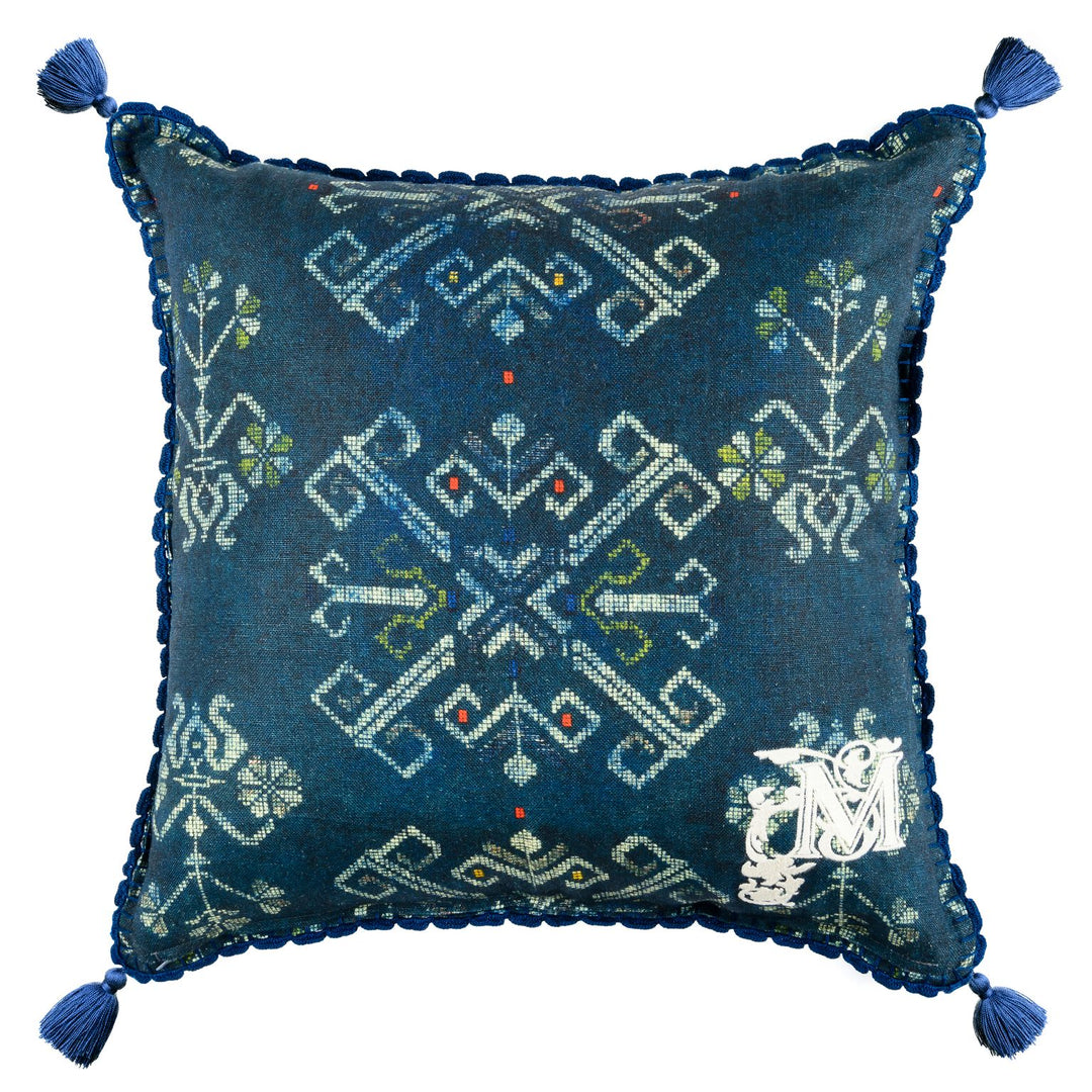 mind-the-gap-roots-cushion-blue-pattern-tassels-green-white-print-design