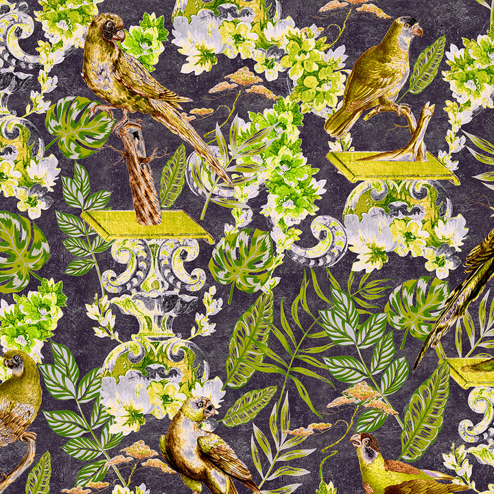 MindTheGap-Velvet-Fabrics-La Voliere-birds-avairy-renaissance-upholstery-soft-furnishings-curtain-fabric-flowers-leaves
