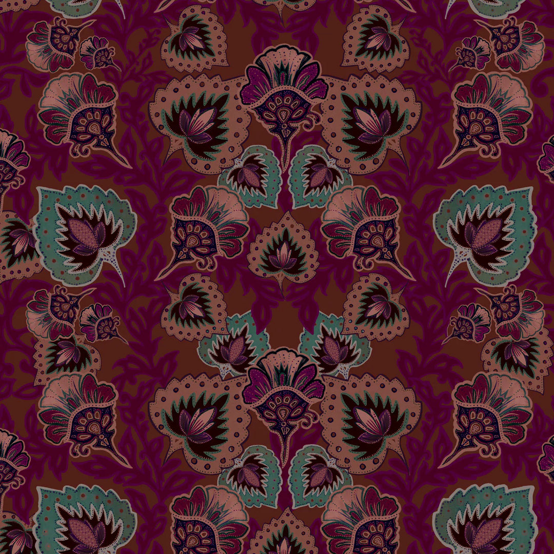 Tatie-Lou-cushion-velvet-botanical-floral-palm-print-jewel-tones-ruby-reds-garden-of-india-45cmx45cm-velvet-printed-ruby-red-pinks-