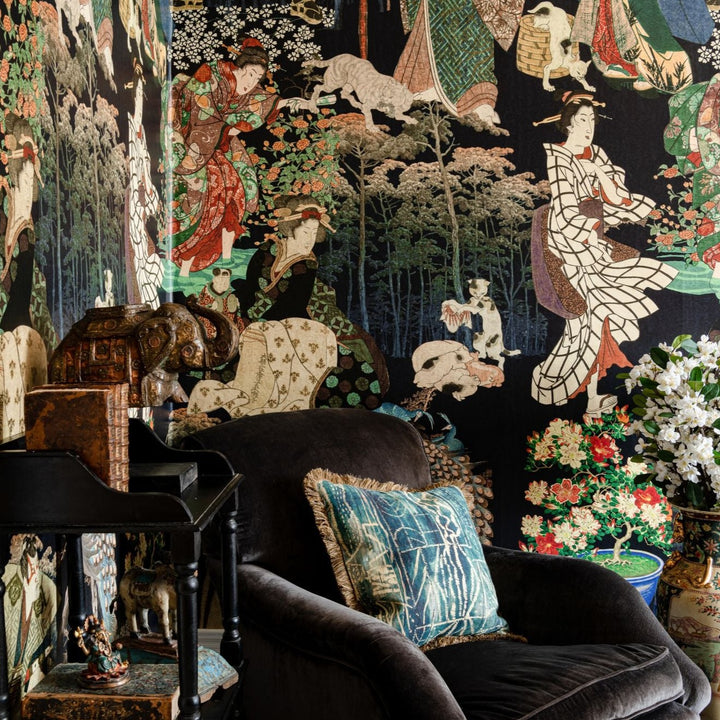 mind-the-gap-samurai-and-geisha-wallpaper-the-curators-cabinet-collection-japanese-kimono-midnight-forest-florals-energy-maximalist-statement-interior